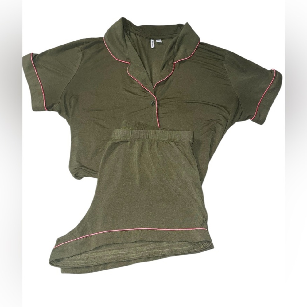 NORDSTROM Moonlight Eco Shirt Shorts Pajamas Set in Olive Green & Pink Small